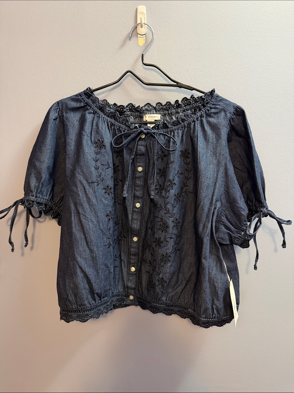 Dark Navy Embroidered Peasant Blouse with Tie-Neck